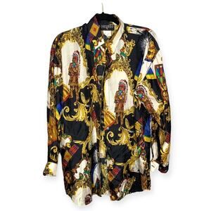 Tribes for her vintage 100% silk long sleeve print button down blouse native S